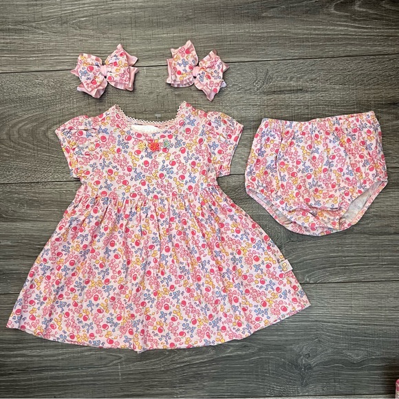 Baby Lulu Other - Baby Lulu Girls Pink Floral Dress sz 18M 4pc Set Bows Clips Cotton Bloomers